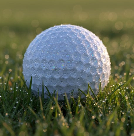 Golf ball on dewy morning grass